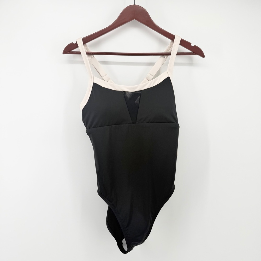 Nike Women's Medium Swim V-Back One Piece Swimsuit Black Mesh Performance NWT